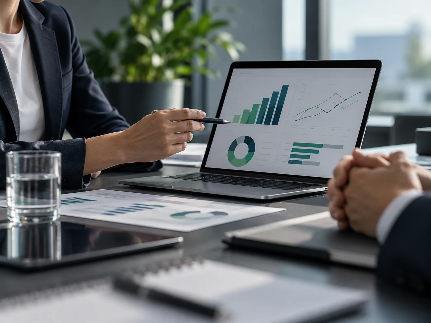 Reunión profesional con análisis de indicadores y gráficos de gestión