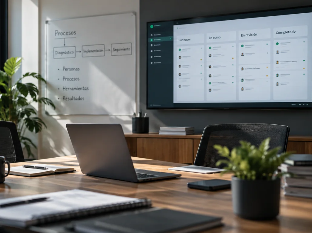Oficina de una empresa con tablero digital de tareas, notebook y espacio de trabajo organizado